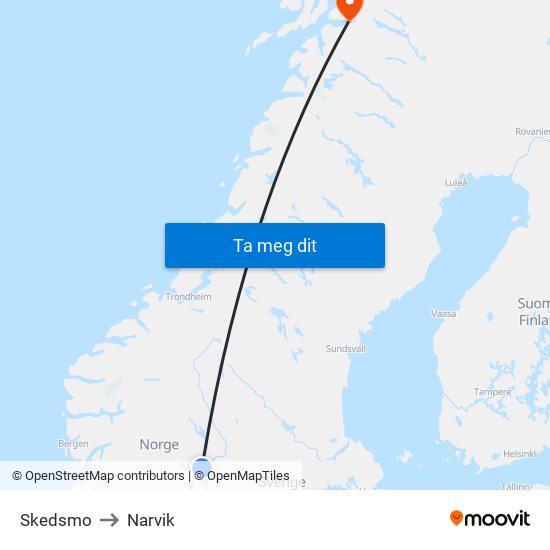 Skedsmo to Narvik map