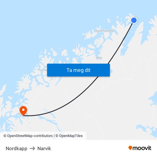 Nordkapp to Narvik map