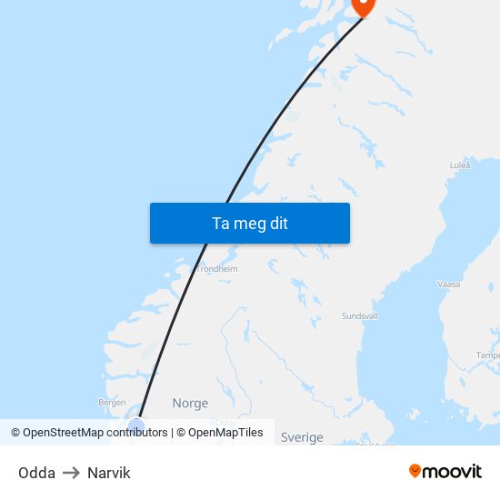Odda to Narvik map