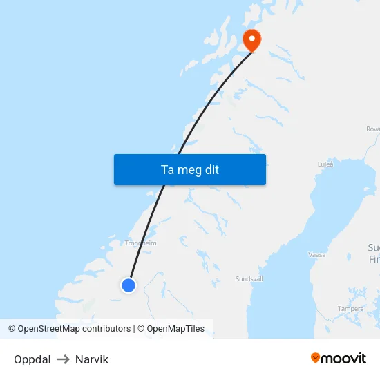 Oppdal to Narvik map