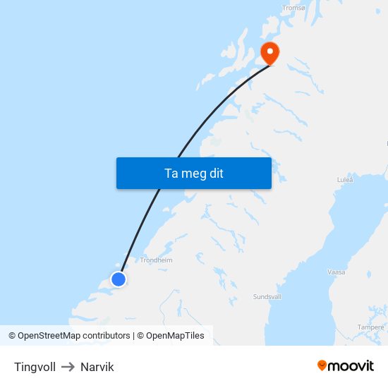 Tingvoll to Narvik map