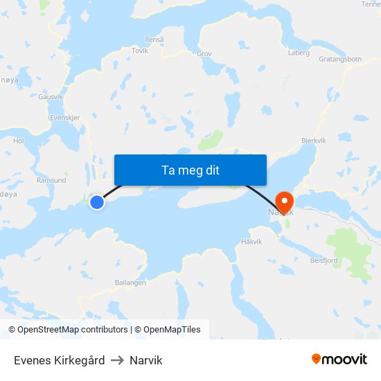 Evenes Kirkegård to Narvik map