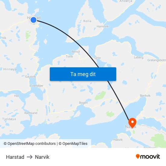 Harstad to Narvik map