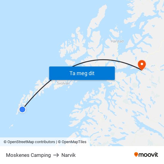 Moskenes Camping to Narvik map