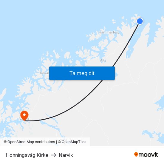 Honningsvåg Kirke to Narvik map