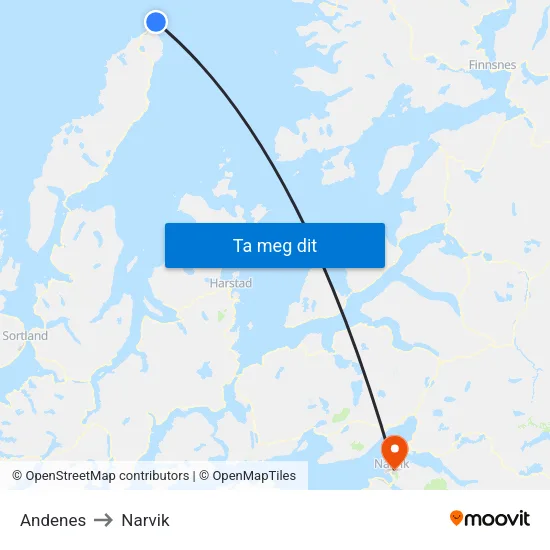 Andenes to Narvik map