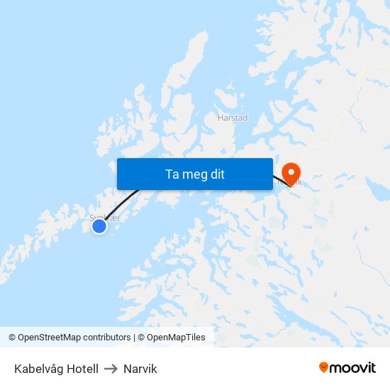 Kabelvåg Hotell to Narvik map