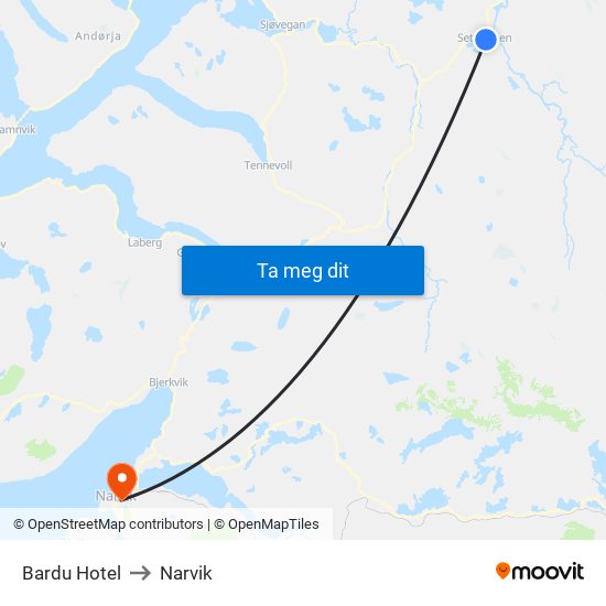 Bardu Hotel to Narvik map
