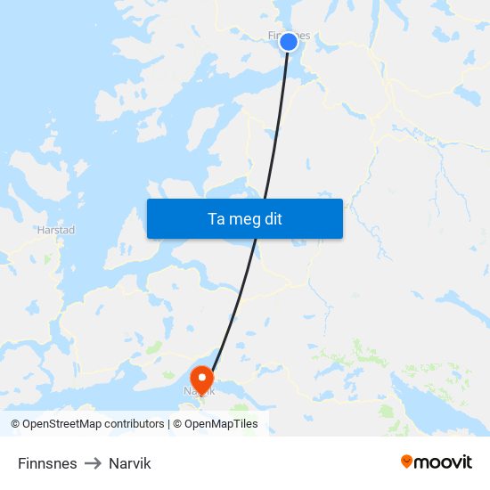 Finnsnes to Narvik map