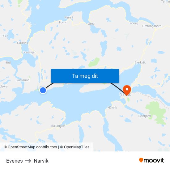 Evenes to Narvik map