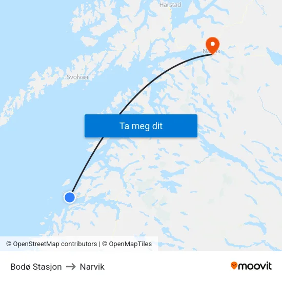 Bodø Stasjon to Narvik map