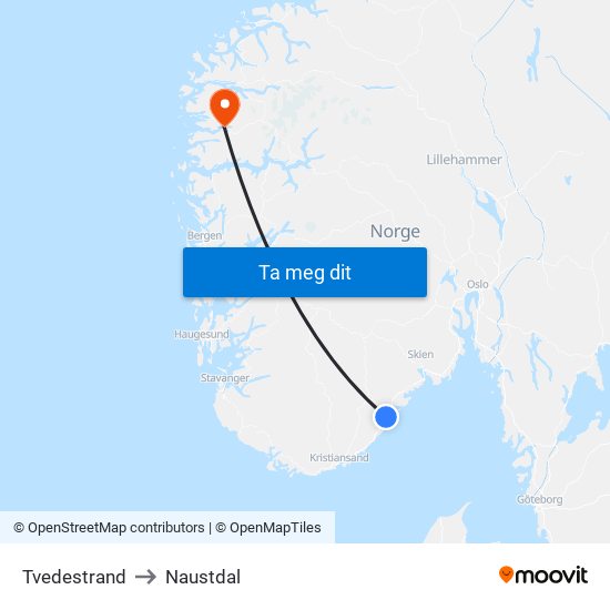 Tvedestrand to Naustdal map