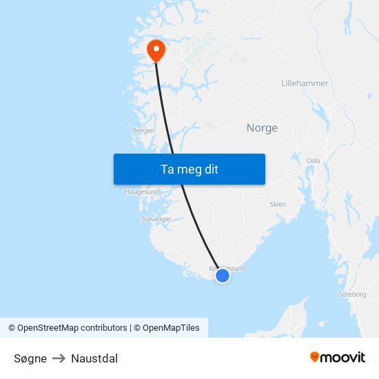 Søgne to Naustdal map