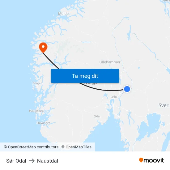 Sør-Odal to Naustdal map