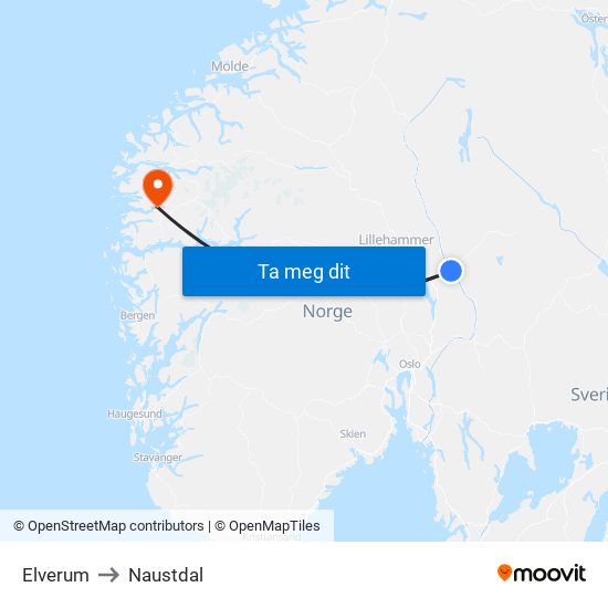 Elverum to Naustdal map