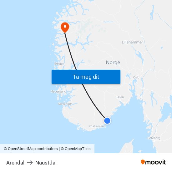 Arendal to Naustdal map