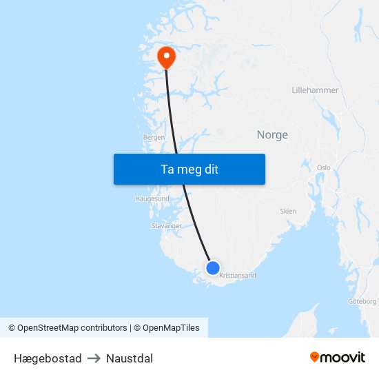 Hægebostad to Naustdal map