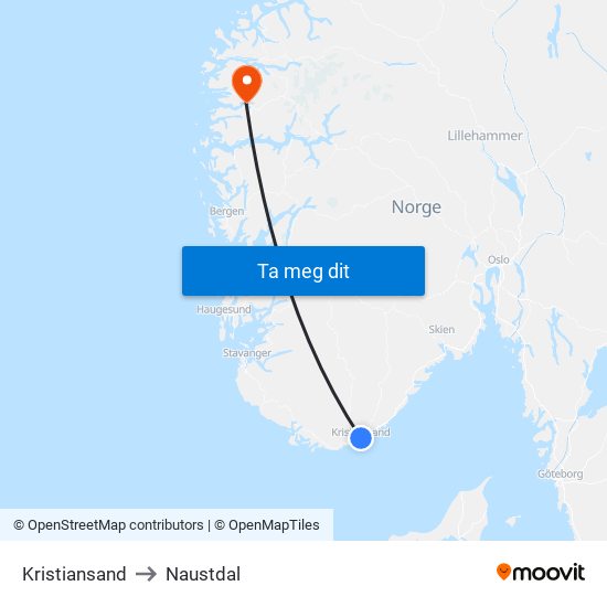 Kristiansand to Naustdal map