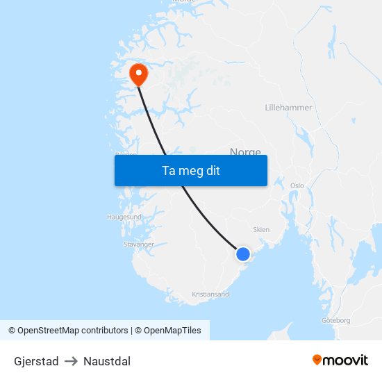 Gjerstad to Naustdal map