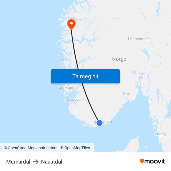 Marnardal to Naustdal map