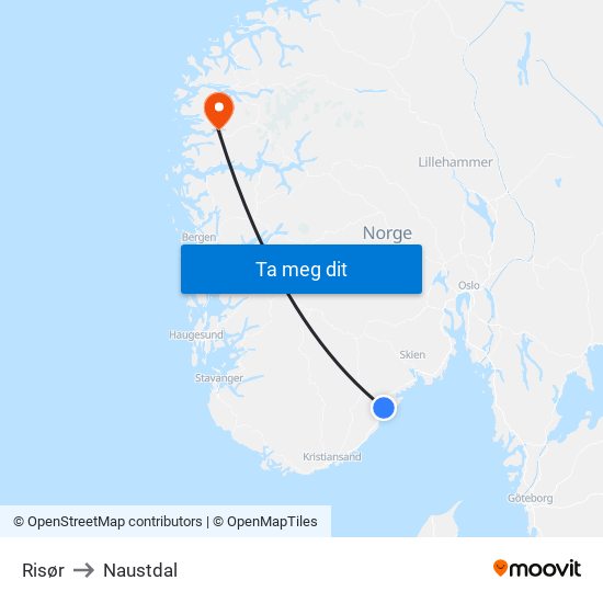 Risør to Naustdal map