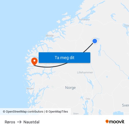 Røros to Naustdal map