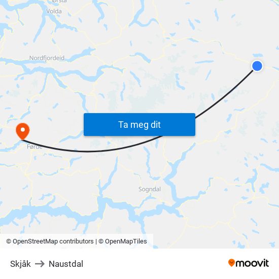 Skjåk to Naustdal map