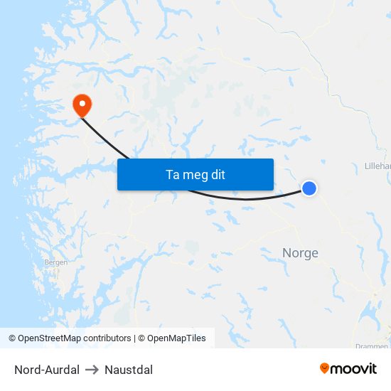 Nord-Aurdal to Naustdal map