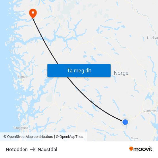 Notodden to Naustdal map