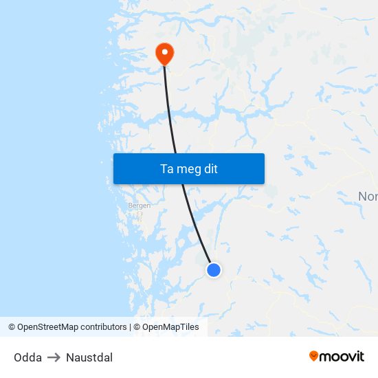 Odda to Naustdal map