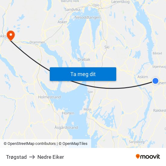 Trøgstad to Nedre Eiker map