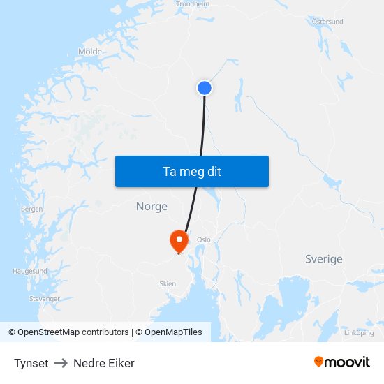 Tynset to Nedre Eiker map