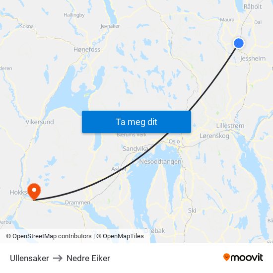 Ullensaker to Nedre Eiker map