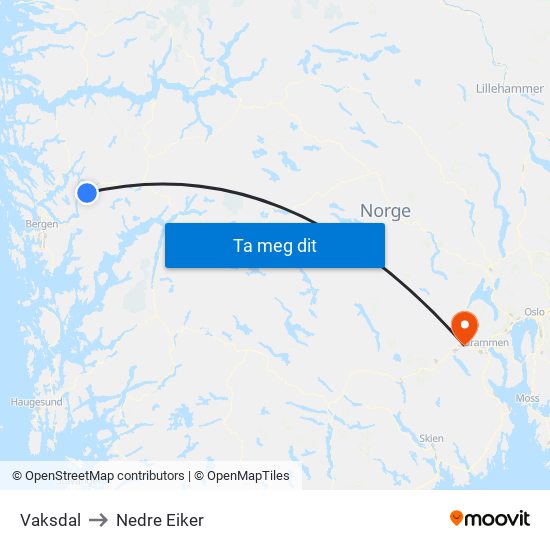 Vaksdal to Nedre Eiker map