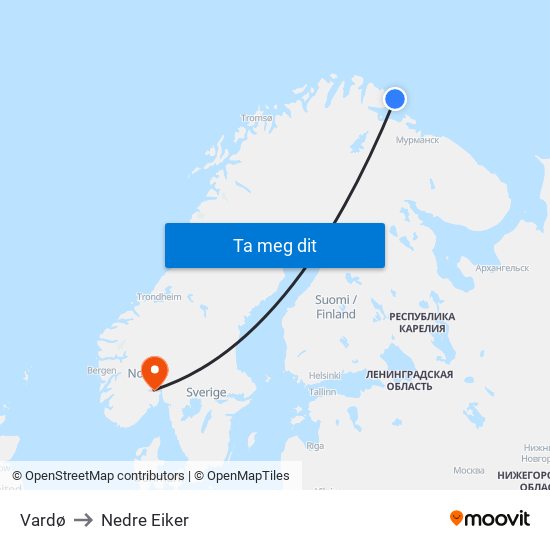 Vardø to Nedre Eiker map