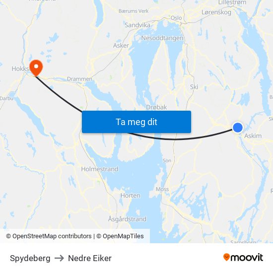 Spydeberg to Nedre Eiker map