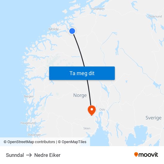 Sunndal to Nedre Eiker map