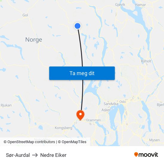 Sør-Aurdal to Nedre Eiker map