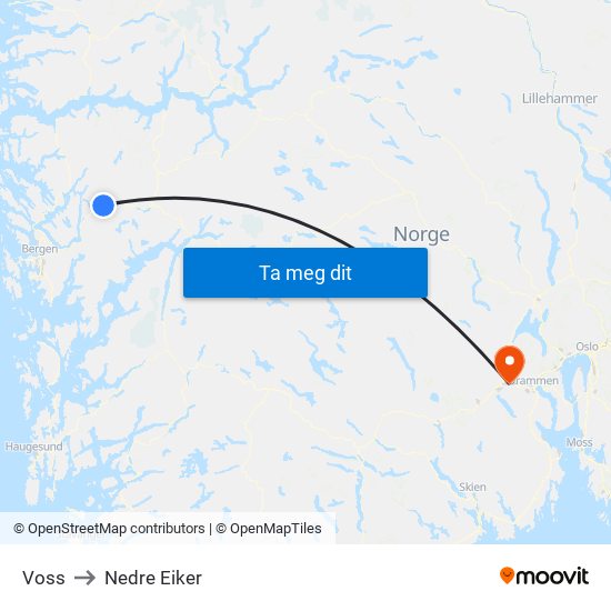 Voss to Nedre Eiker map