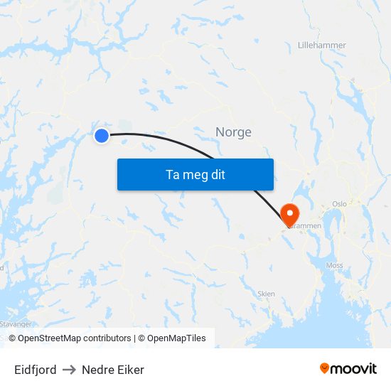 Eidfjord to Nedre Eiker map