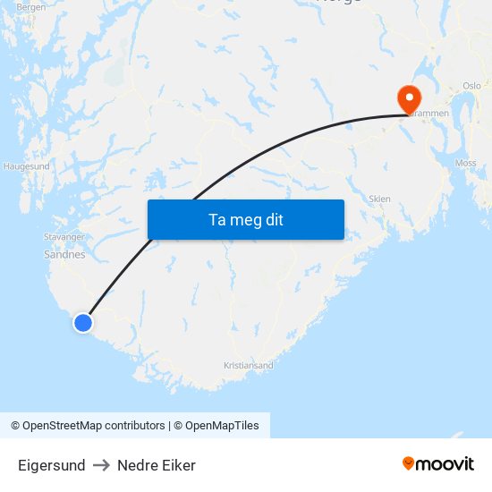 Eigersund to Nedre Eiker map