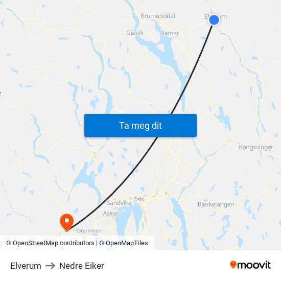 Elverum to Nedre Eiker map