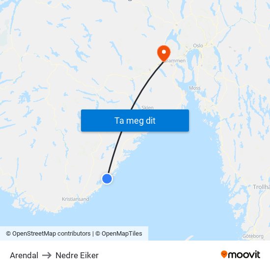 Arendal to Nedre Eiker map