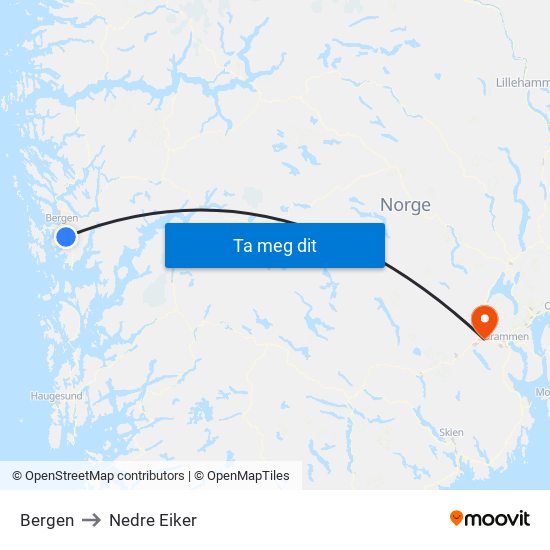 Bergen to Nedre Eiker map