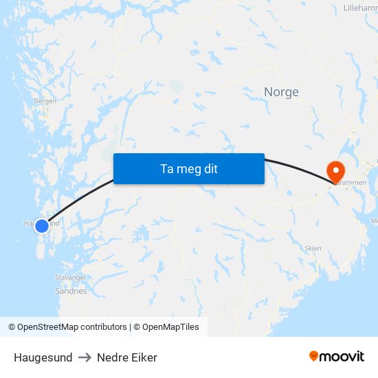 Haugesund to Nedre Eiker map