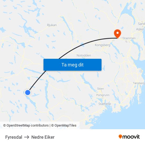 Fyresdal to Nedre Eiker map