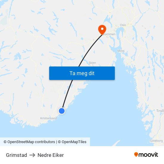 Grimstad to Nedre Eiker map