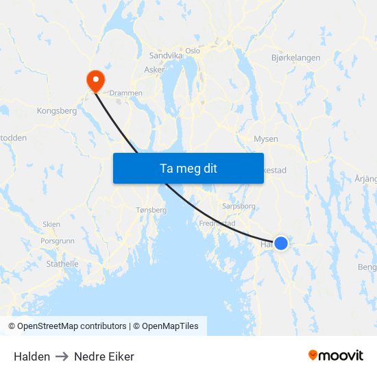 Halden to Nedre Eiker map