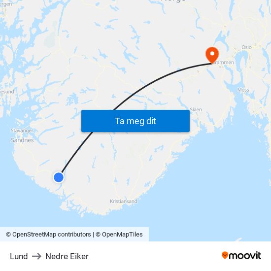 Lund to Nedre Eiker map