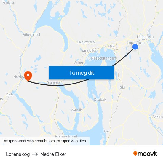 Lørenskog to Nedre Eiker map